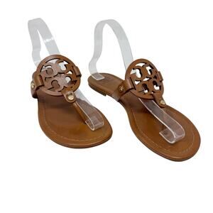 Tory Burch Miller Sandals Brown Leather Logo Thong Slides Women’s Shoes 8.5